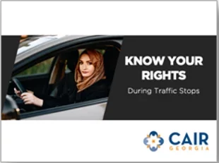 A young woman seated in a car with the title 'Know Your Rights During Traffic Stops.