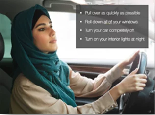 A young woman seated in a car with the text 'Staying Safe During a Traffic Stop.